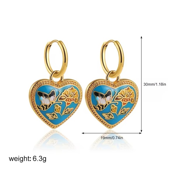Vintage Ethnic Blue Enamel 18K Gold Stainless Steel Gold Heart Earrings - Picture 5 of 5